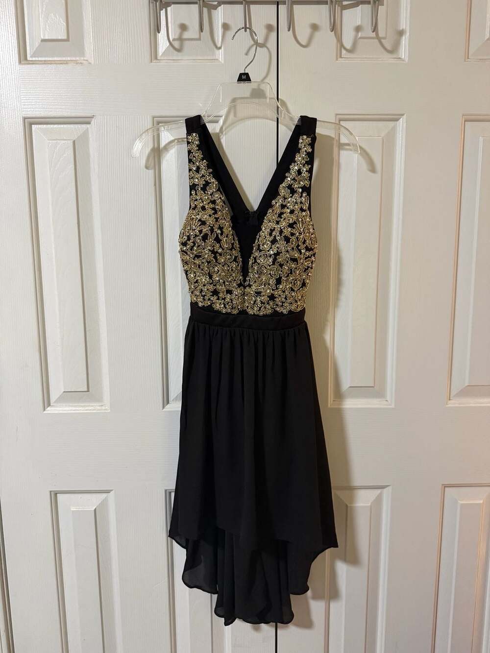 Honey and Rosie Black and Gold High-Low Dress with Sequin and Rhinestone Bodice